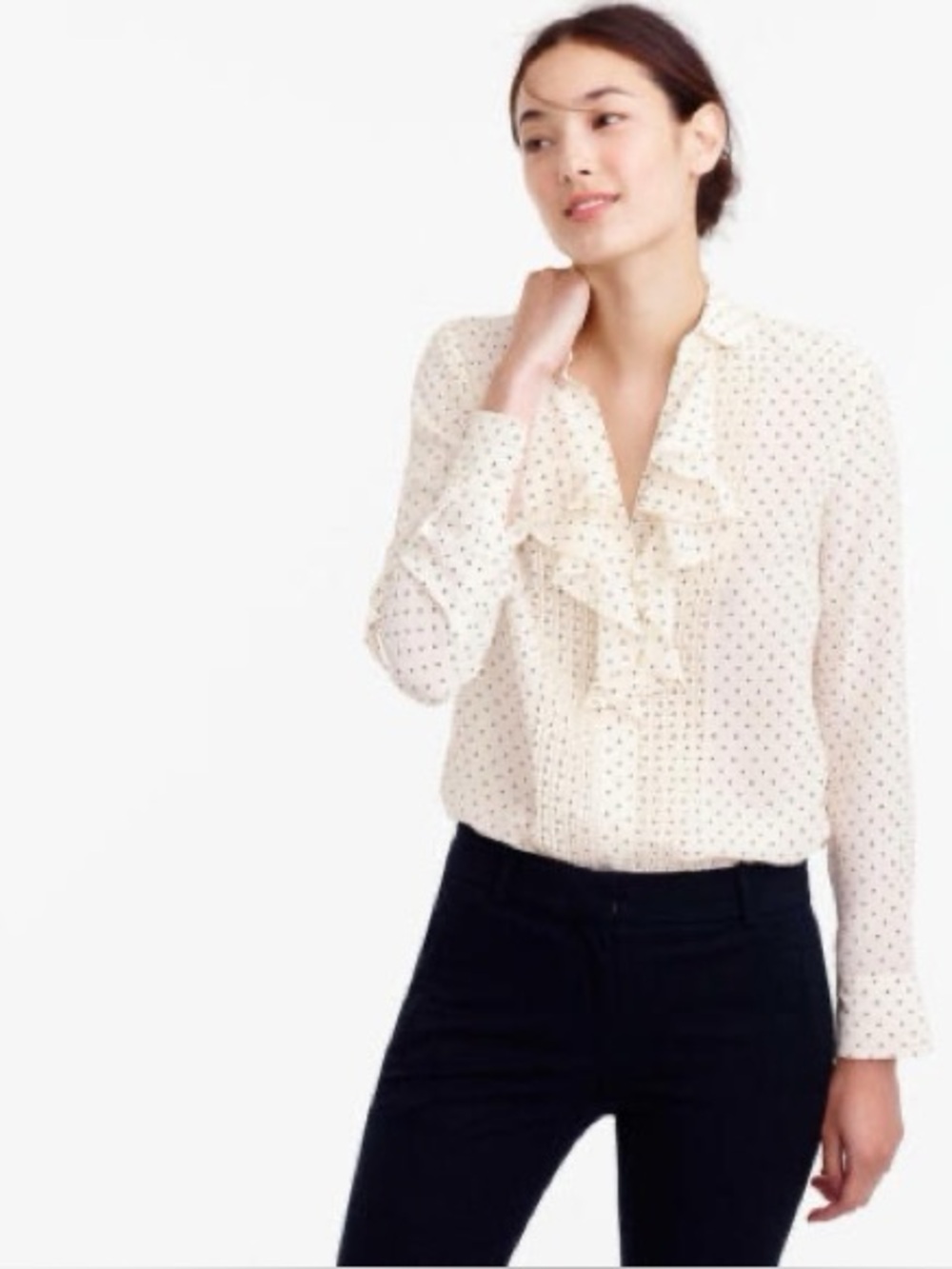 J Crew Tuxedo Ruffle Top in Creme Polka NWT